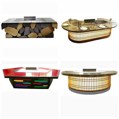 खरीदें Customized 11 Seat Fan Shape Teppanyaki Grill Table with 500*380mm Cooking Size for Commercial Restaurant & Hotel ऑनलाइन निर्माण